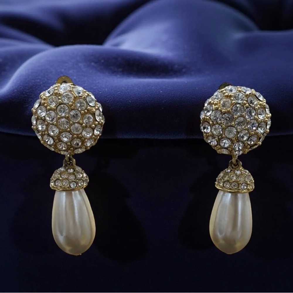 Vintage Signed St. John Gold Crystal and Pearl Drop Earrings - Elegant